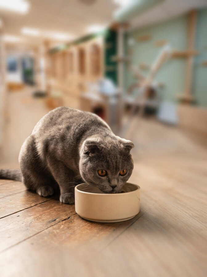Gamelle remplie selon les habitudes alimentaires du chat à la maison, repas à heure fixe dans la pension féline
