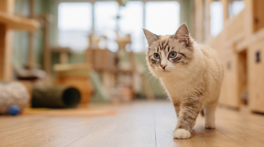 Jeune chaton curieux qui découvre l'espace de la pension lors d'une première fois