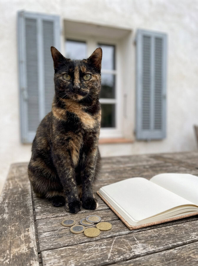 Chat assis sur une table de terrasse à côté de pièces de monnaie et d'un carnet ouvert, pour estimer le prix d'une pension pour chat