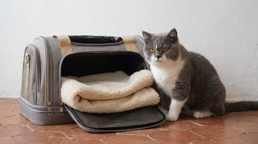 Chat qui découvre son transporteur avant une première pension