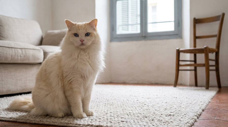 Chat tranquille seul au salon, illustrant le choix entre une pension féline et un cat sitter à domicile sur la Côte d'Azur