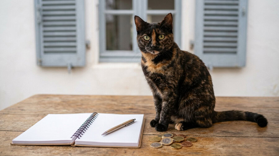 Chat et pièces sur carnet pour budget de pension