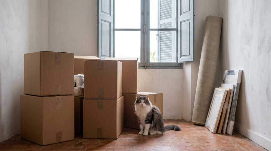 Chat installé près d'une fenêtre au milieu des cartons après un déménagement