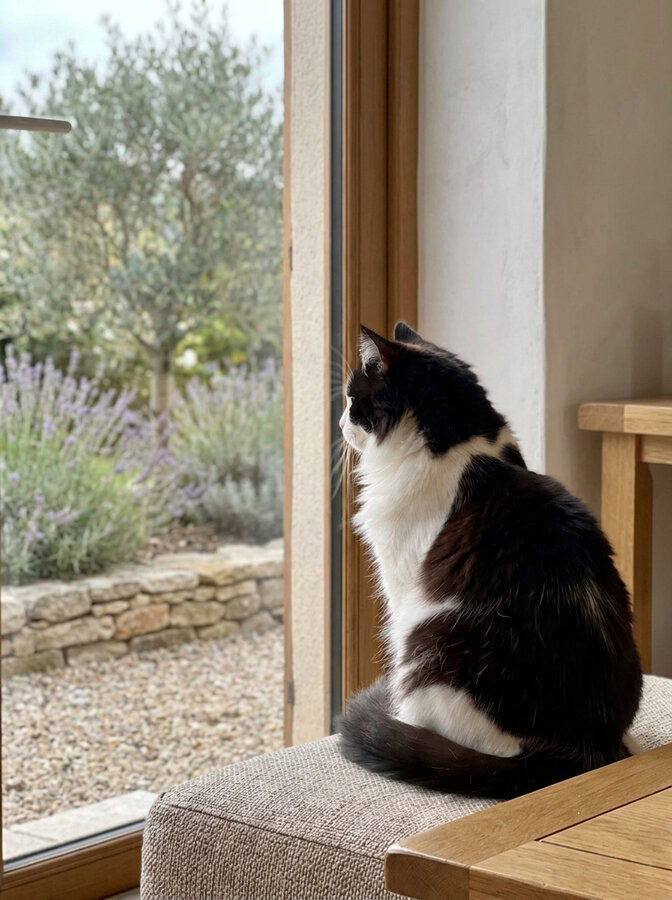 Chat d'extérieur assis derrière une baie vitrée qui regarde le jardin après un déménagement