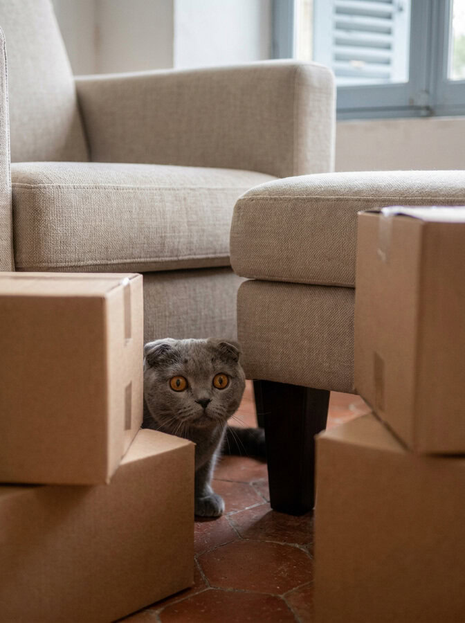 Chat stressé caché derrière des cartons de déménagement dans son nouveau logement
