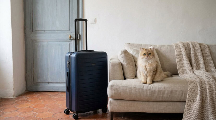 Chat détendu à la maison avec une valise prête avant les vacances d'été