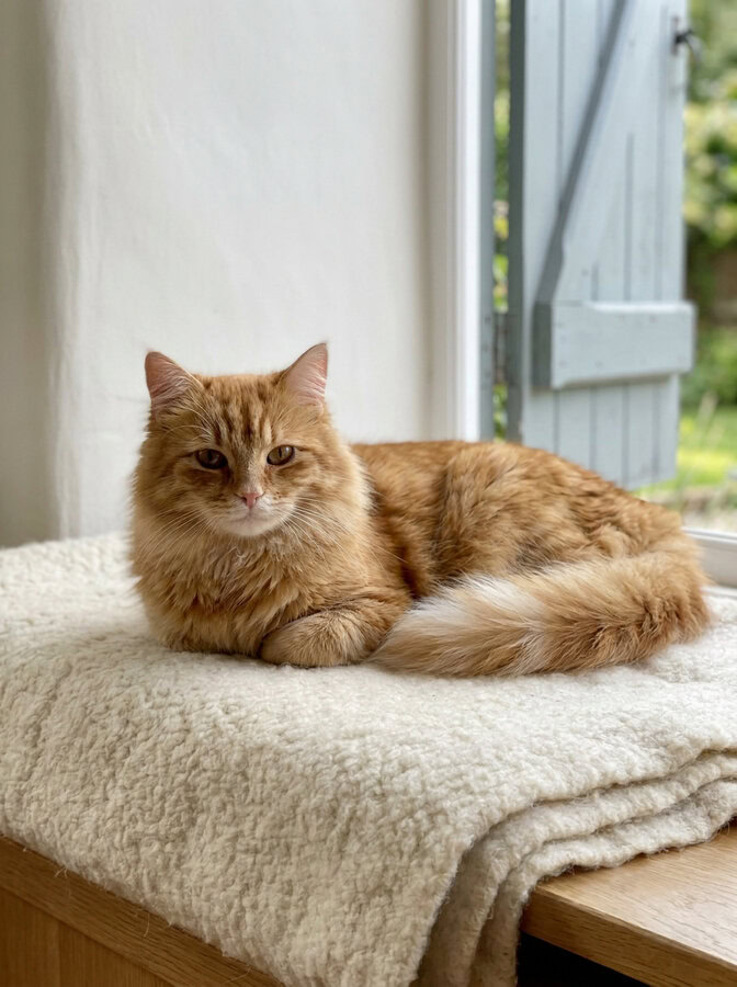 Chat roux à poil long lové dans la lumière d'été à la maison, le bon moment pour réserver une garde de chat avant les vacances