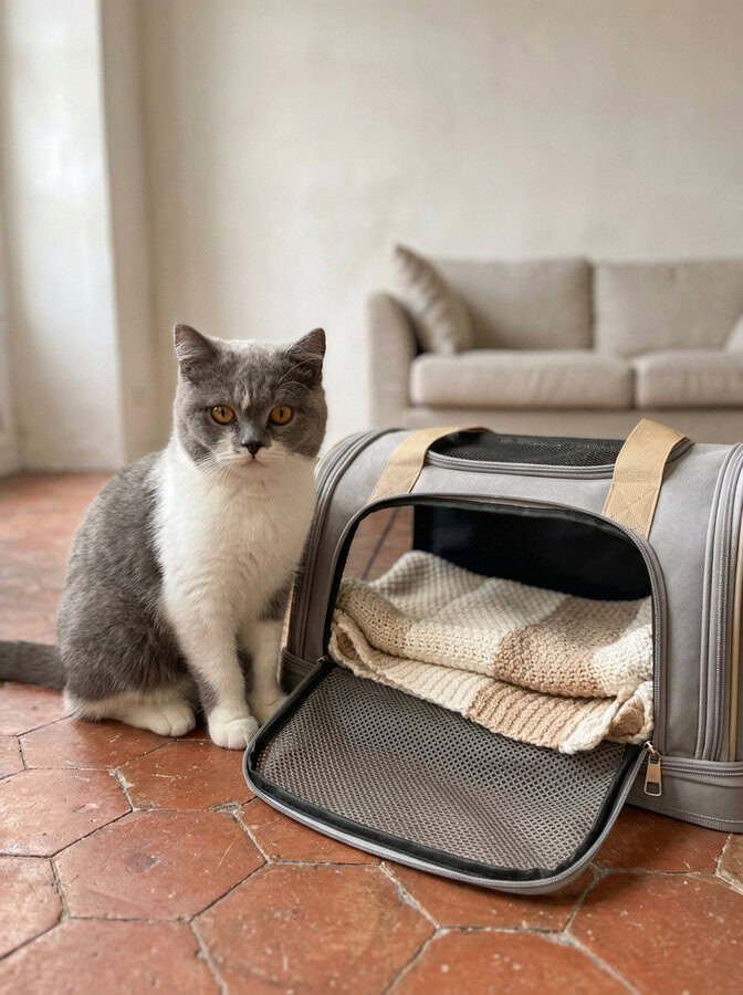 Chat dans son transporteur posé sur une couverture, prêt pour son premier séjour en pension féline