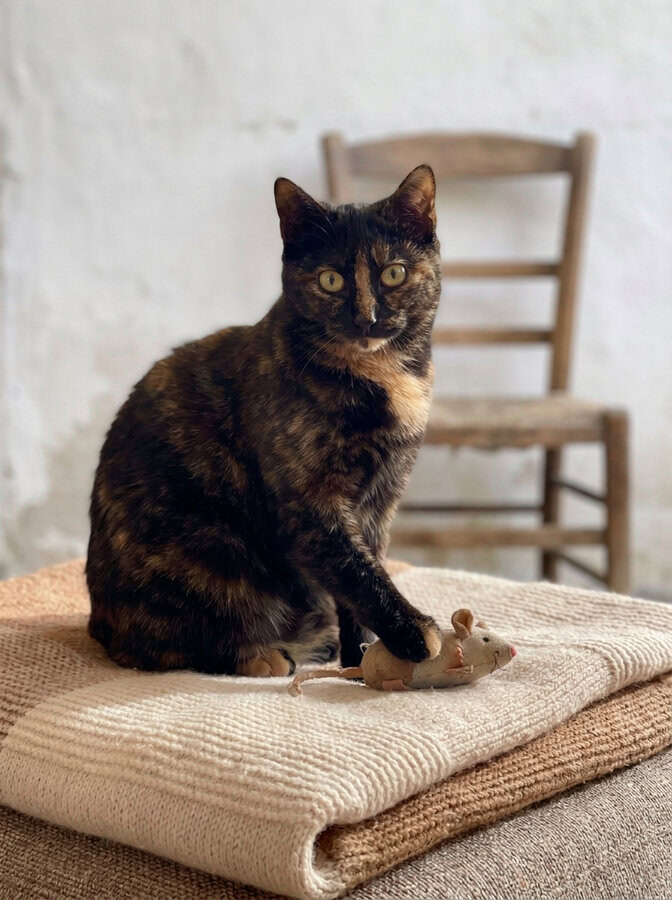 Couverture familière et affaires du chat préparées avant son séjour en pension