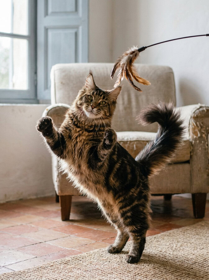Chat jouant avec une plume, détendu et rassuré après son séjour en pension