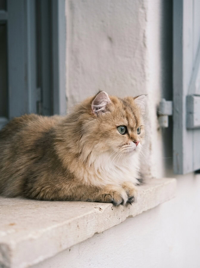 Chat seul allongé sur le rebord de la fenêtre, persiennes ouvertes, en attendant le passage du cat sitter à domicile